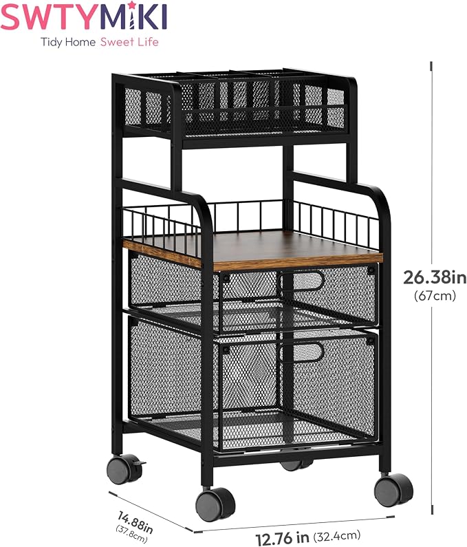 SWTYMIKI Rolling Cart with Drawers - Metal Craft Cart with Wheels, DIY Divider and Wood Shelf, Art Supply Organizer for Under Desk Storage, Utility Storage Cart for Home Office Studio, Espresso