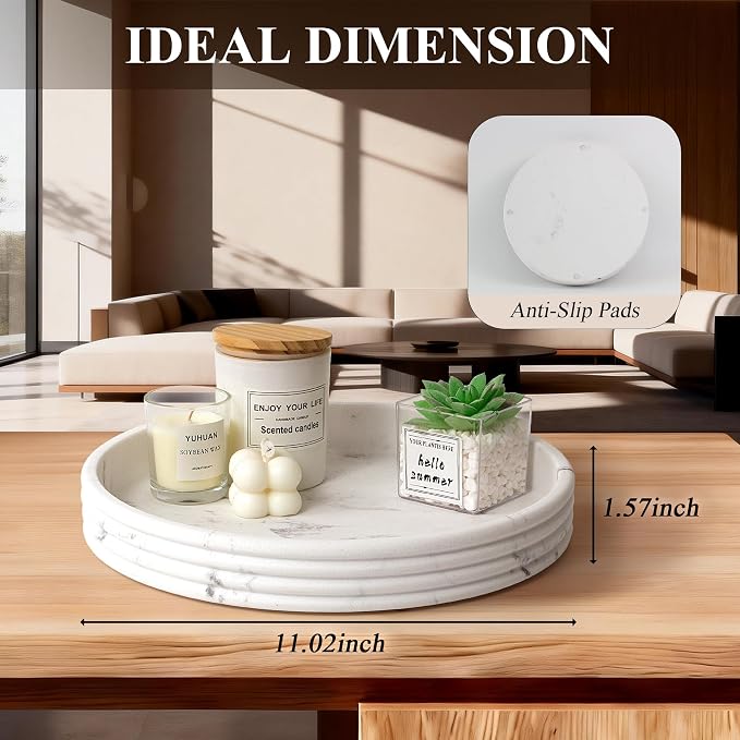 YMXYJM Round Decorative Tray - Modern Coffee Table Tray Decor, Resin Home Decor for Living Room & Bedroom. Multi-Functional Coffee Table Centerpiece with Anti-Slip Pads - 11x1.5 Inch Key Trays - White
