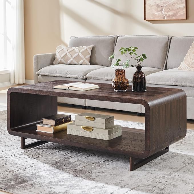 IFGET 48" Modern Coffee Table, 2-Tier Minimalist Center Table with Storage Shelf, Curved Profile Design, Wooden Rectangular Living Room Table w/Wood Thick Design for Living Room, Office, Brown