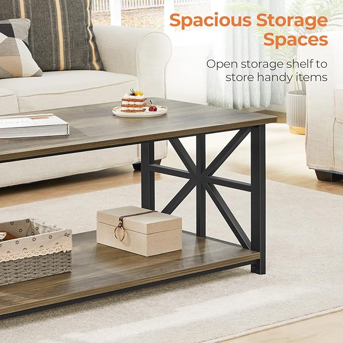 GreenForest Coffee Table for Living Room with Round Corners Farmhouse Style Center Table with Storage Shelf 39 Inch Space Saving Easy Assembly Gray Wash | for Living Room