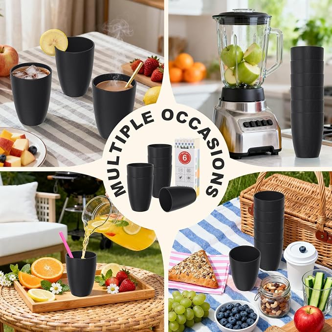 Wheat Straw Drinking Glasses Set of 6, Unbreakable 16 OZ Water Cup with Unique Pattern, Alternative to Plastic Reusable Cups for Kitchen & Outdoor, Dishwasher Safe Cup Set, Black