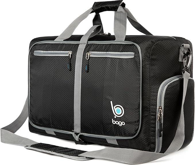 Bago Foldable Duffel Bags for Traveling Women & Men - 40L Sports Packable Duffle Bag for Travel with Shoe Compartment - Water Repellant, Heavy Duty, Lightweight Folding & Collapsible (Black)