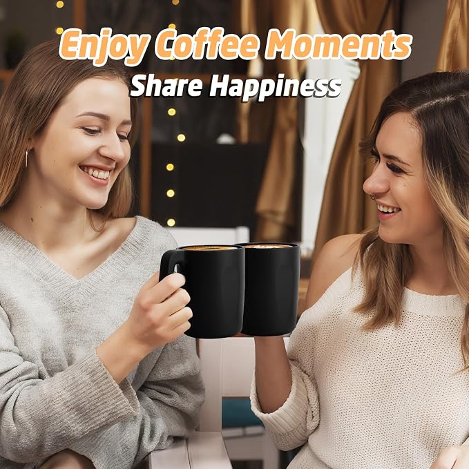 Wheat Straw Coffee Cups 16 OZ, Wheat Straw Cups with Handles, Unbreakable & Stacking Coffee Mugs Set of 6, Microwave & Dishwasher Safe Drinking Cups for Party, Camping, Kitchen - Black