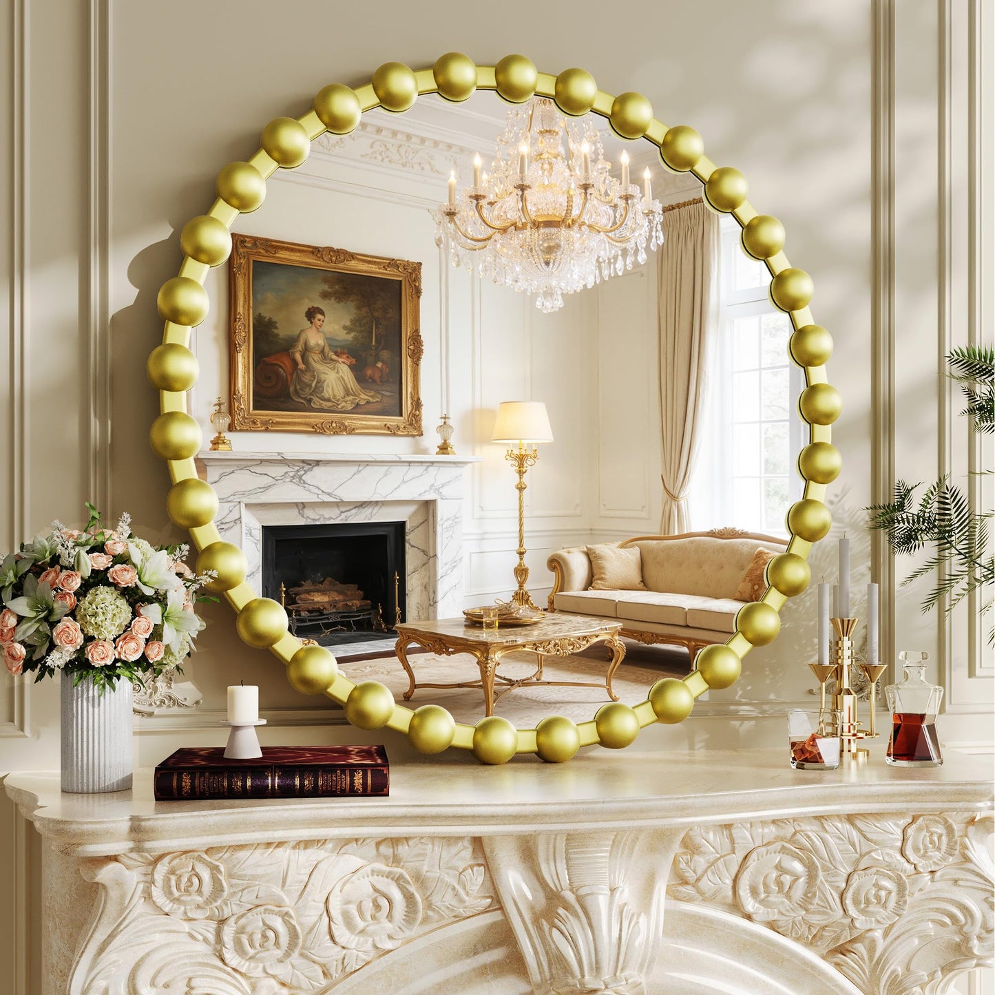 WISSMIELS Round Vanity Mirror for Wall, 28 Inch Beaded Frame Circle Mirror for Bedroom Dresser, Bathroom, Entryway, Living Room, Decorative Hanging Wall Mirror, Gold