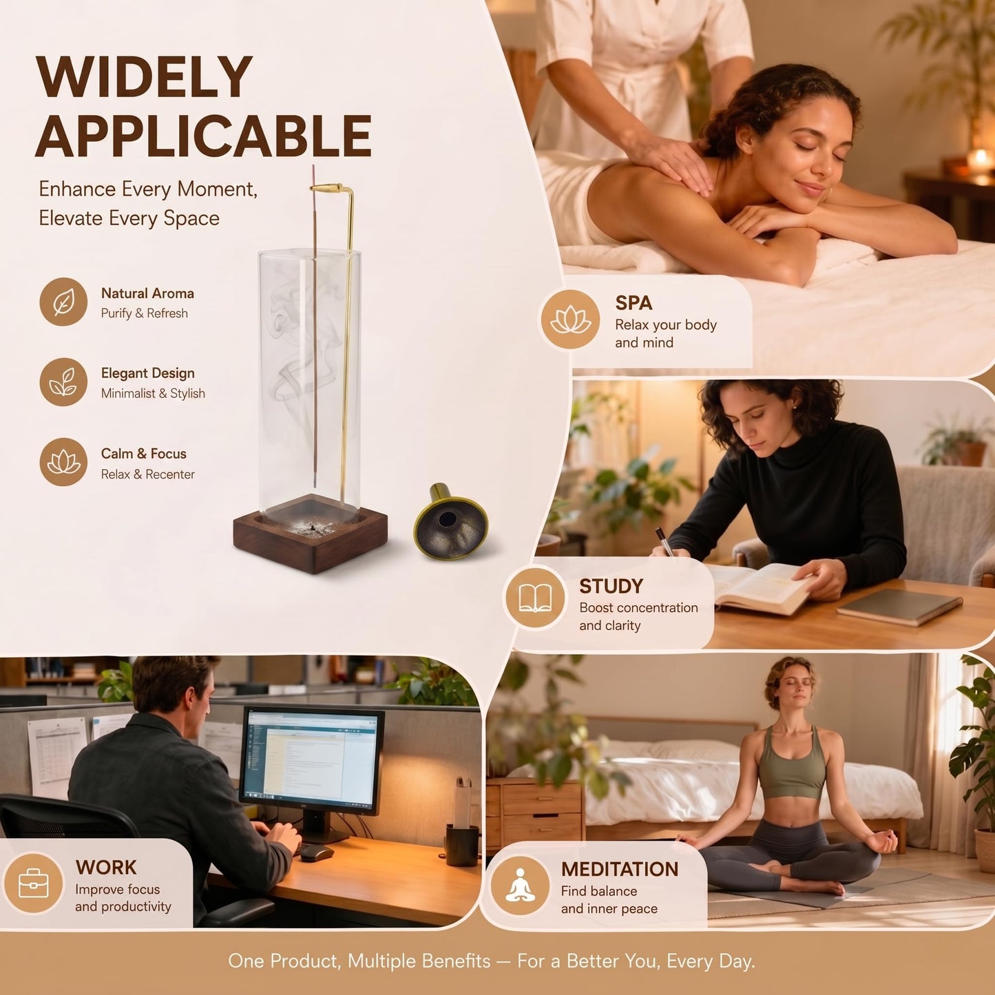 HZCPENG Glass Incense Holder, Hanging Incense Stick Burner with Ash Catcher, 2 in 1 Backflow Cone Holder on Wooden Base, Anti-Ash Zen Decor for Meditation, Yoga（Square）