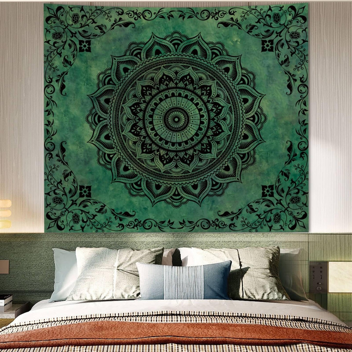 Tichgeim Green Mandala Tapestry for Bedroom Aesthetic, Boho Hippie Ceiling Art Decor Tapestries, Bohemian y2k Floral Backdrop Wall Hanging for Teen Girls Dorm Living Room (51"X60")