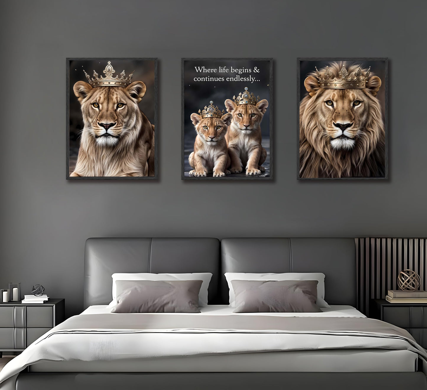 FJKLRP 3pcs Lion Family Canvas Wall Art The Lion King and Queen with Crown Prints Posters Modern Motivational Animal Wall Decor Paintings for Home Bedroom Living Room Office Decoration Unframed