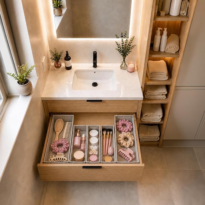 Drawer Organizer, 5-Piece Rigid Fabric Bins for Kitchen | Ideal for kitchen, bathroom, cosmetics, utensils, silverware, and gallon, quart, sandwich & snack bags