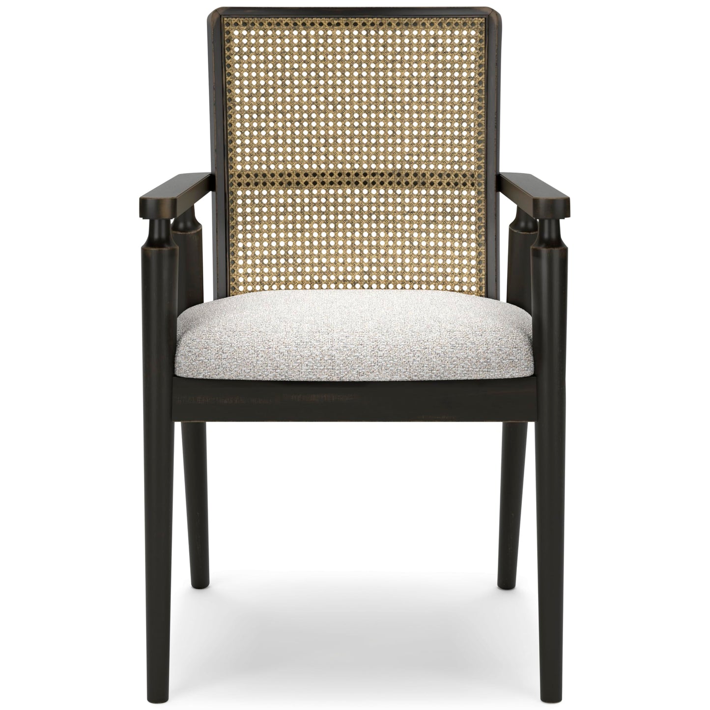 Signature Design by Ashley Galliden Rustic Solid Wood Upholstered Dining Arm Chair with Faux Cane Backrest, Set of 2, Light Brown & Black