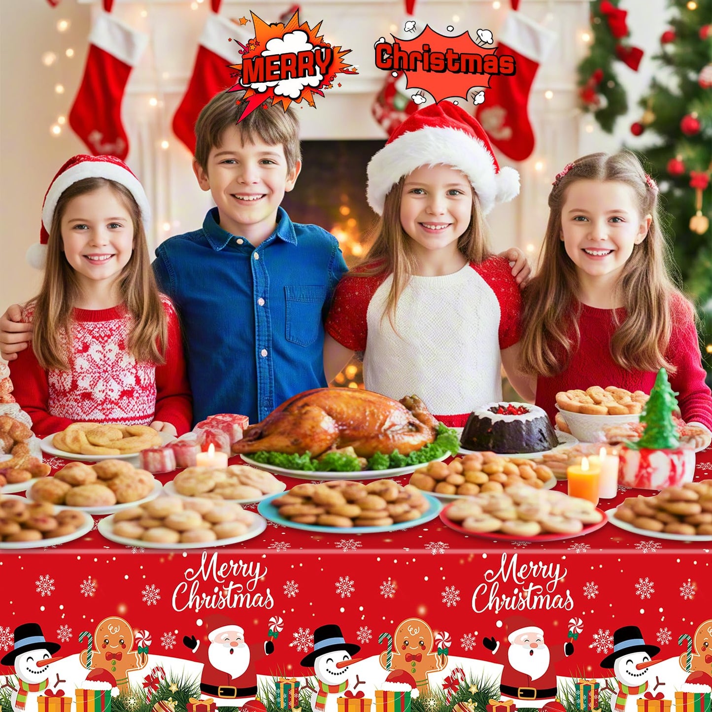 2 Pcs Christmas Tablecloth - Plastic Merry Christmas Table Cloth, Red Disposable Rectangle Cute Santa Claus Snowman Xmas Table Cover for Christma Party Decorations Favors Tables Decor, 108 x 54 Inch