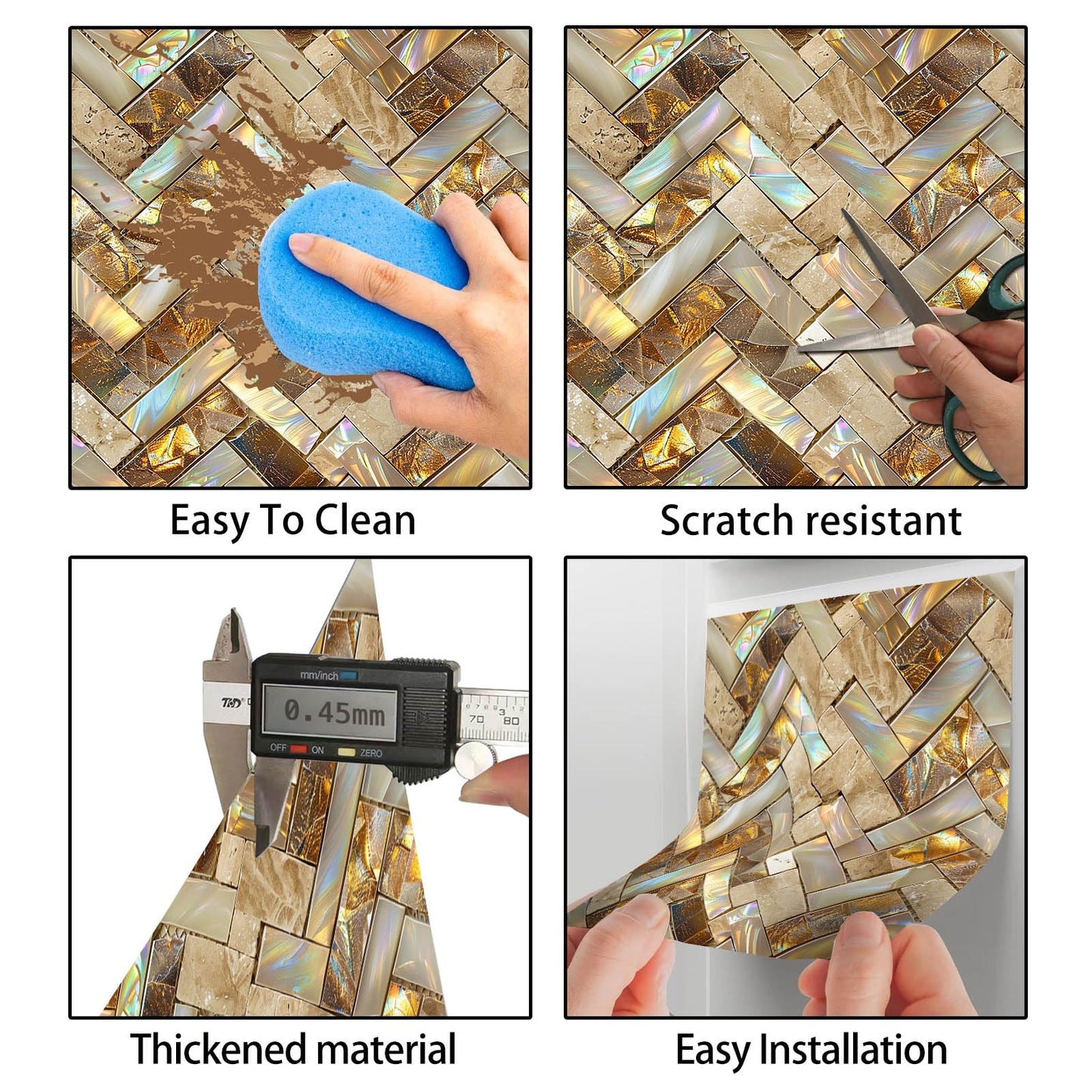 HOMETITUTE 20Pcs Gold Marble Mosaic Tile Stickers Peel and Stick Decorative Tiles Waterproof Removable Sticker Tiles Backsplash Decals for Kitchen Bathroom Stair Riser Wall Covering 4x4 Inch(not 3D)