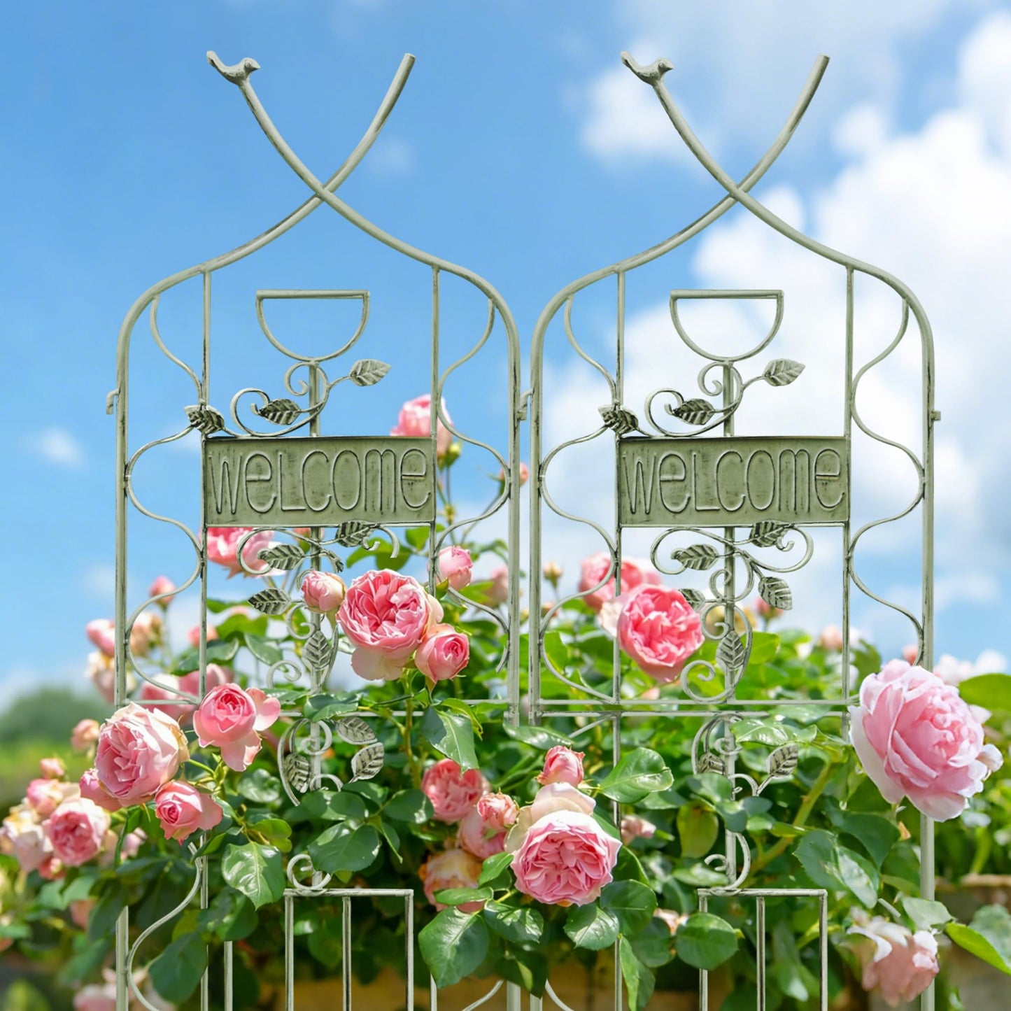 LZRS 2 Pack 59.5 * 18in Rustic Iron Arch Decoration Garden Trellis with Metal Coating – Perfect for Supporting Climbing Plants Outdoor, Roses, Vines, Flowers, and Vegetables, Antique Green
