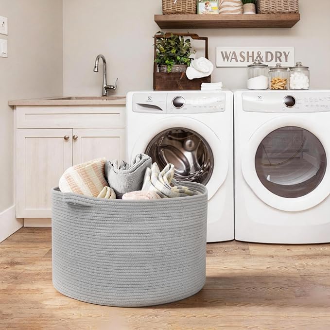 MEGASKET Extra Large Grey Storage Basket, 22" X 22" X 14" XXXL Blanket Basket for Living Room, Gray Wicker Woven Cotton Rope Baskets for Storage, Kids Toy Baskets Bins, Decorative Pillow Towel Basket