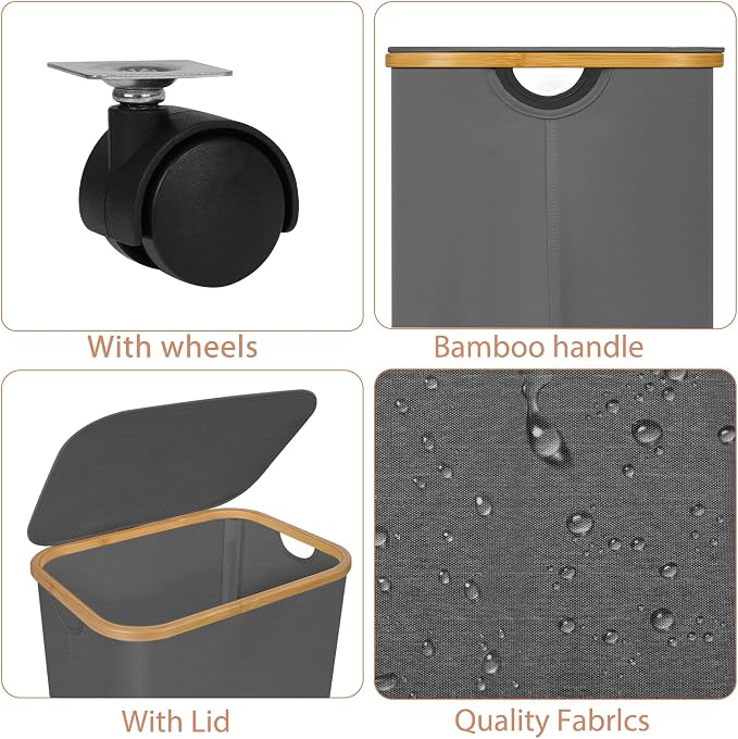 Laundry Basket with Wheels,100L Hampers for Laundry,Large Laundry Hamper with Lid and Bamboo Handles,Collapsible & Waterproof Tall Cloth Hamper for Dormitory Family,Grey