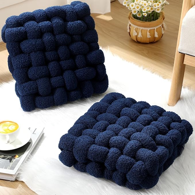 Wenqik 2 Pcs Knot Pillows Square Knotted Plush Throws Soft Accent Pillows Decoration Cushion for Couch Home Office Living Room Bedroom Bed Sofa Decor, 12'' x 13''(Navy Blue,Lambswool)