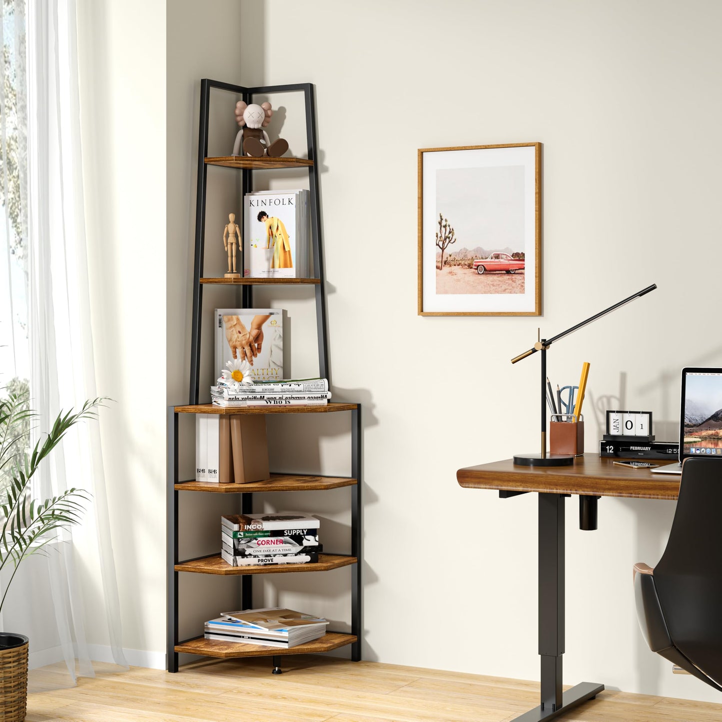 VECELO 6 Tier Corner Shelf 69 Inch Industrial Bookshelf with Metal Frame, Multipurpose Tall Plant Stand with Opening Display Shelves for Living Room, Bedroom, Home Office, Small Space, Brown