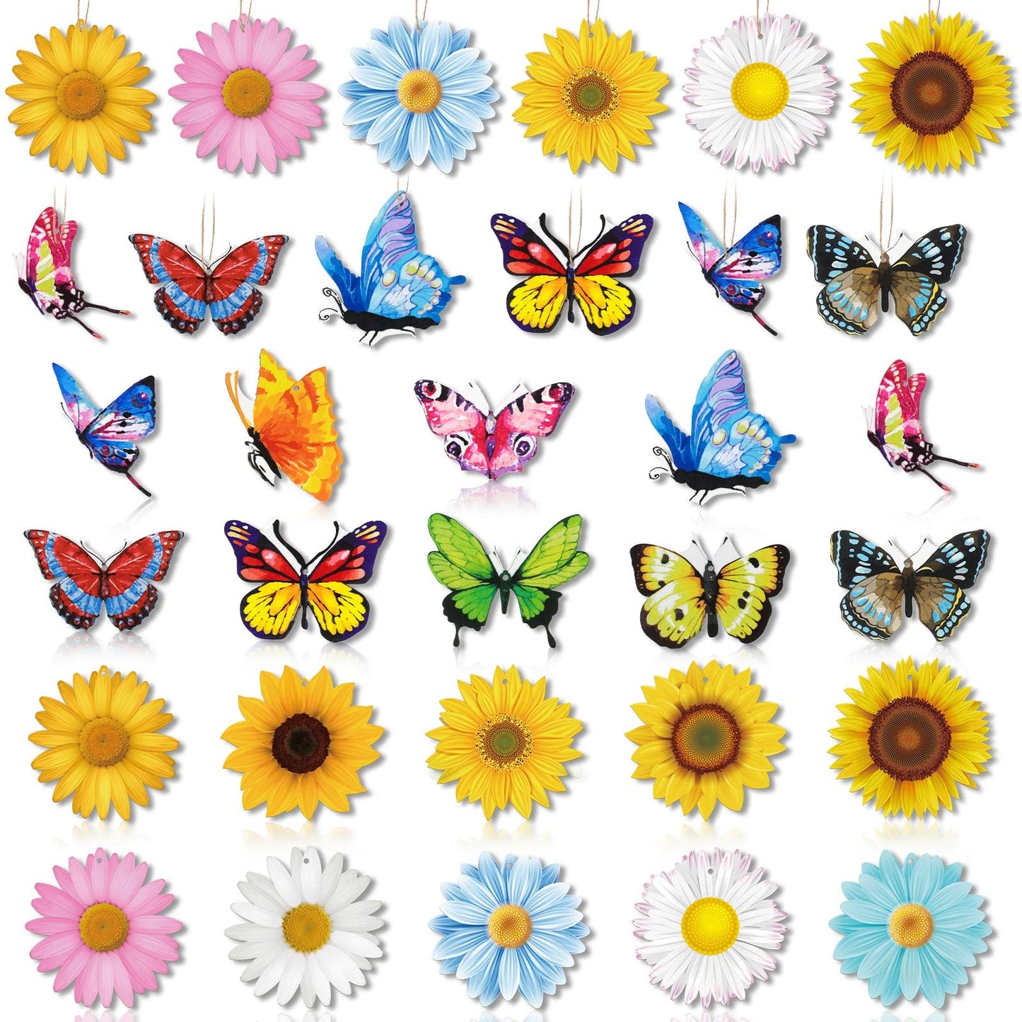 40 Pcs Spring Ornaments for Small Tree Wooden Flower Butterfly Ornament Sunflower Gerbera Daisy Wood Hanging Tree Decoration Spring Mother's Day Summer Birthday Party Decor Supplies(Flower, Butterfly)