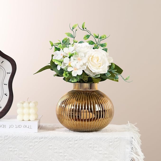 Gold Glass Vase, Flower Vases for Bouquet, Ribbed Glass Vases for Flowers, Small Gold Vase for Living Room, Office, Coffee Table, Shelf, Wedding, 6 Inches