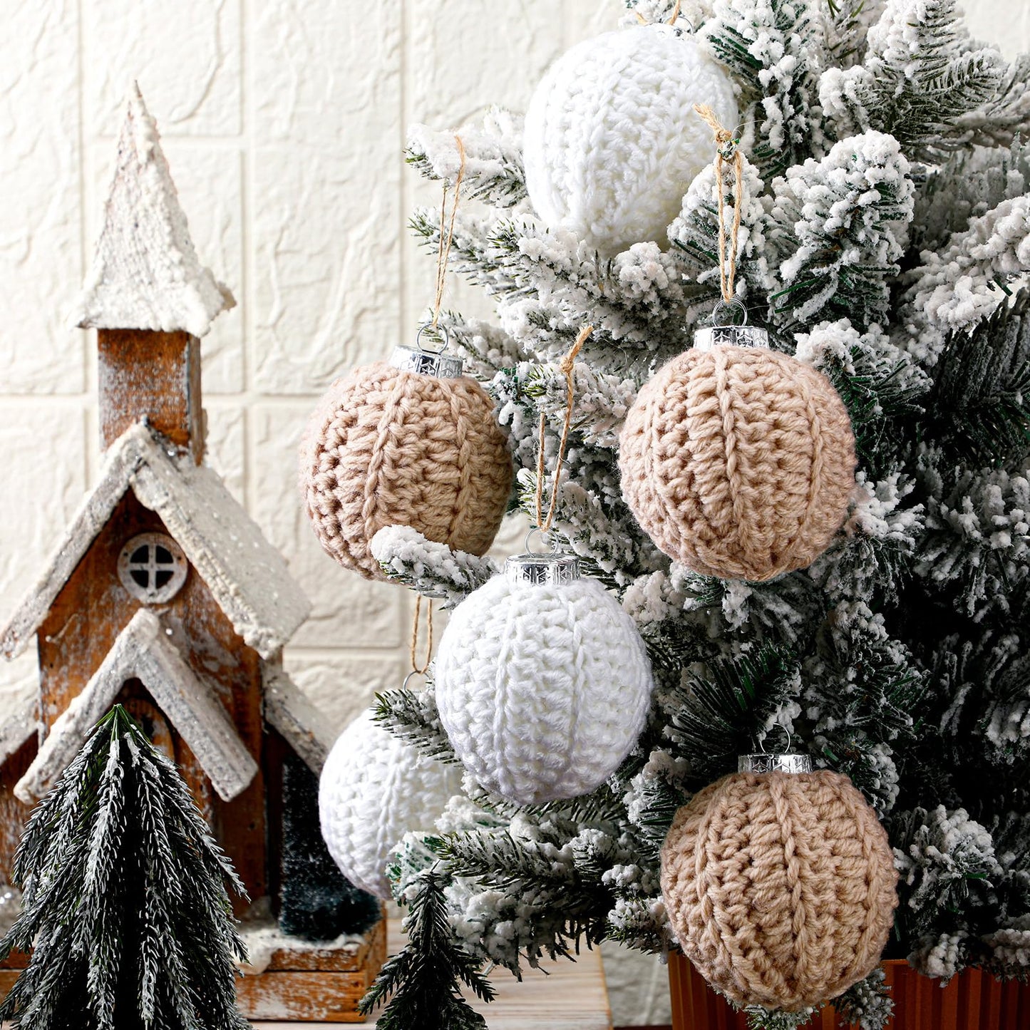 Vercraft 6 Pcs 2.75 Inch Crochet Christmas Ornaments Balls Christmas Knitted Ornaments Neutral Hanging Decoration Handmade Crochet Decoration for Xmas Tree Rustic Neutral Xmas Decor(Beige)