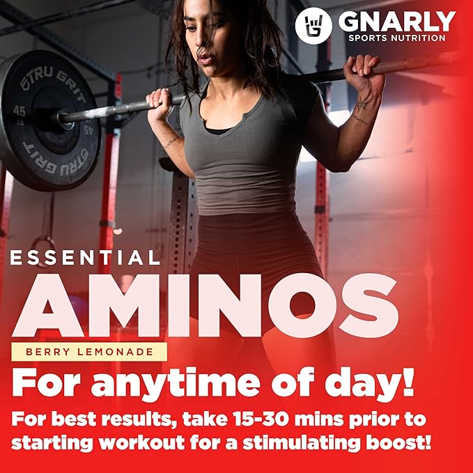 Gnarly Nutrition Essential Aminos Powder, Berry Lemonade ??Pre-Workout Amino Acids ??NSF Contents Certified ??Supplement to Support and Rebuild Muscle ??Berry Lemonade Caffeine Free, 10.58 oz