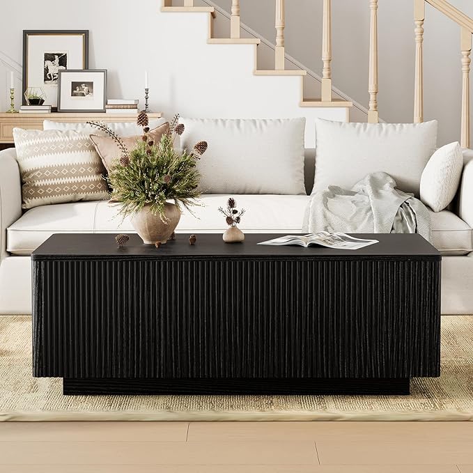 FABATO Mid Century Modern Coffee Table, Wooden Fluted Center Table with Large Hidden Compartment, 41.7” Rectangle with Round Corners, Lift Up Farmhouse Wood Table for Living Room, Home Office, Black