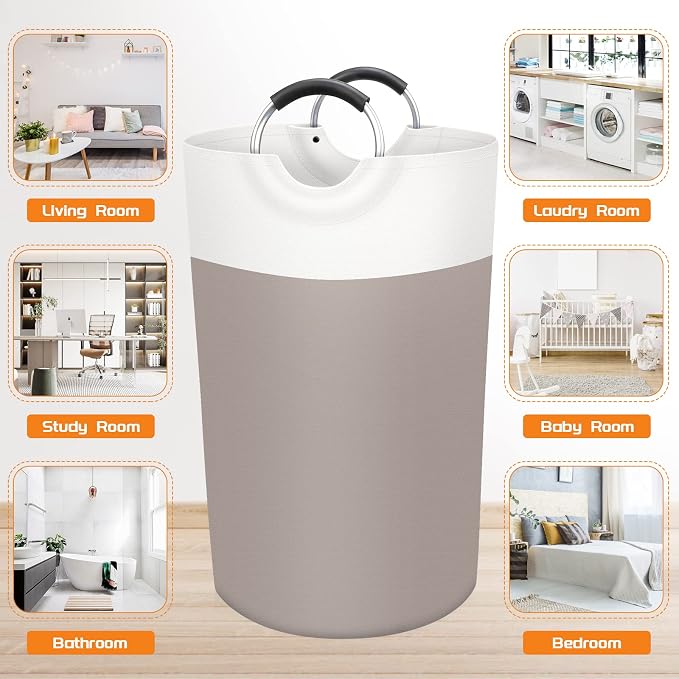 BlissTotes 90L Laundry Basket, Freestanding Laundry Hamper, Collapsible Dirty Clothes Hamper, Waterproof Fabric with Foam Protected Aluminum Handles for College, Dorm, Family (Brown)