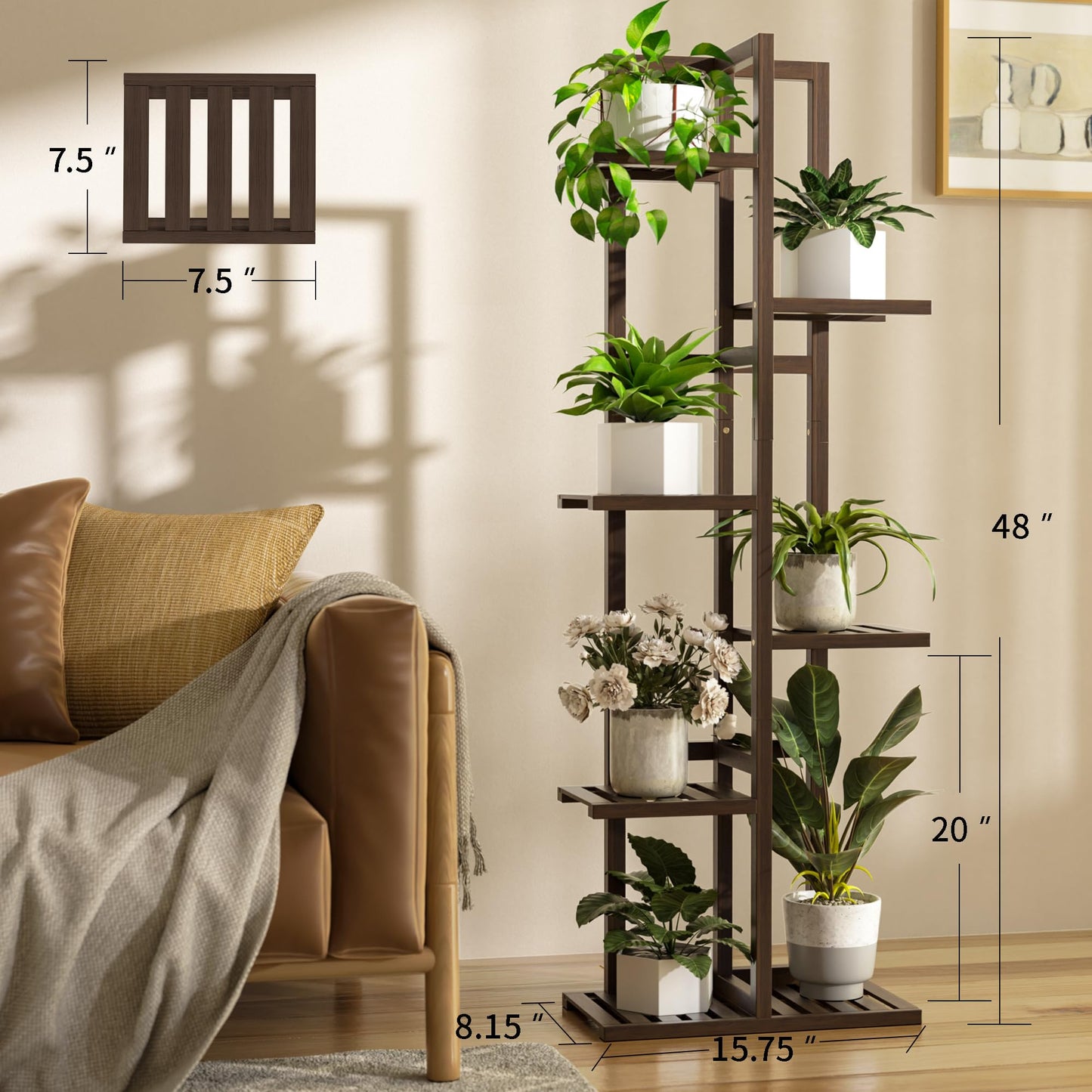 ROMGUAR CRAFT 6 Tier Bamboo Plant Stand Indoor, Wood Tall Flower Holder Corner Tiered Plant Shelf for Multiple Plants (Brown)