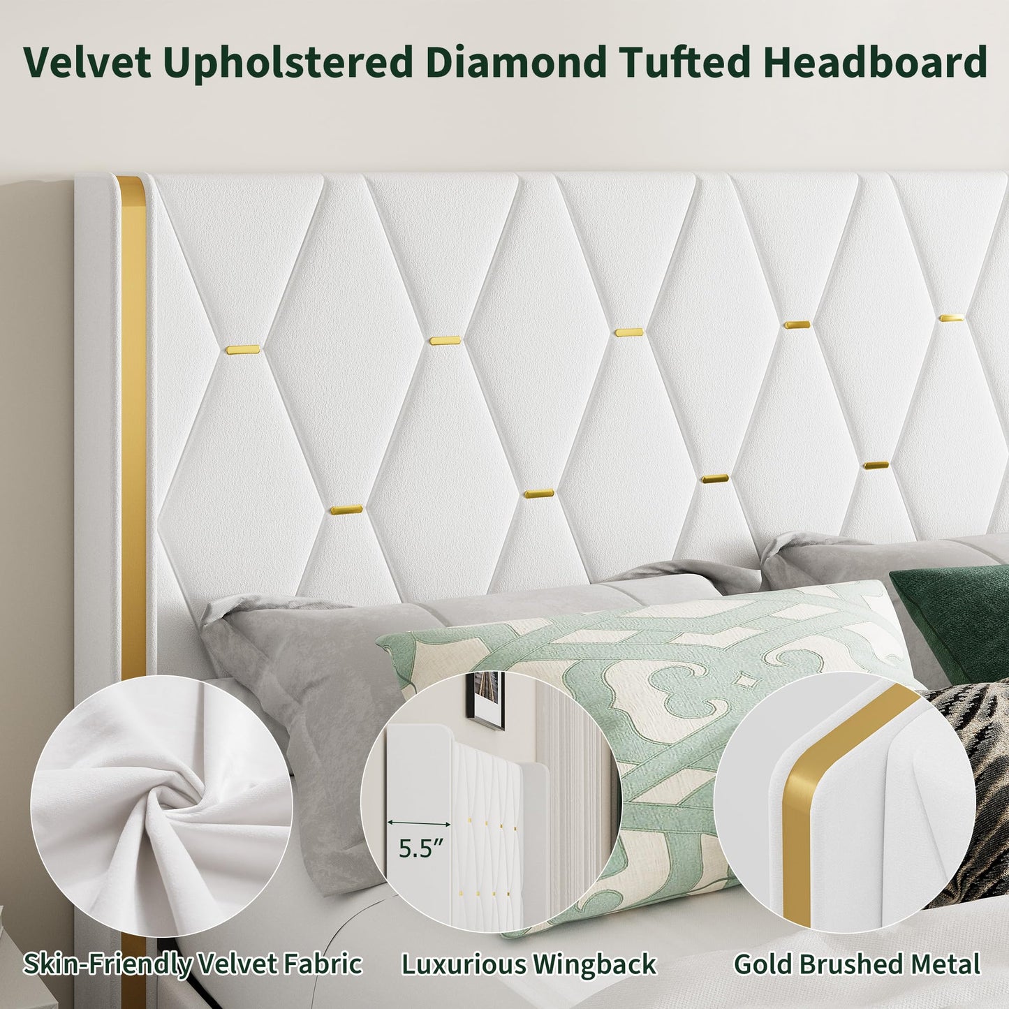 Garvee Queen Size Lift Up Storage Bed Frame with with Gold Wingback Headboard, Velvet Upholstered Bed Frame with Diamond Tufted Design & Gold Trim, Hydraulic Support, No Box Spring Needed, White