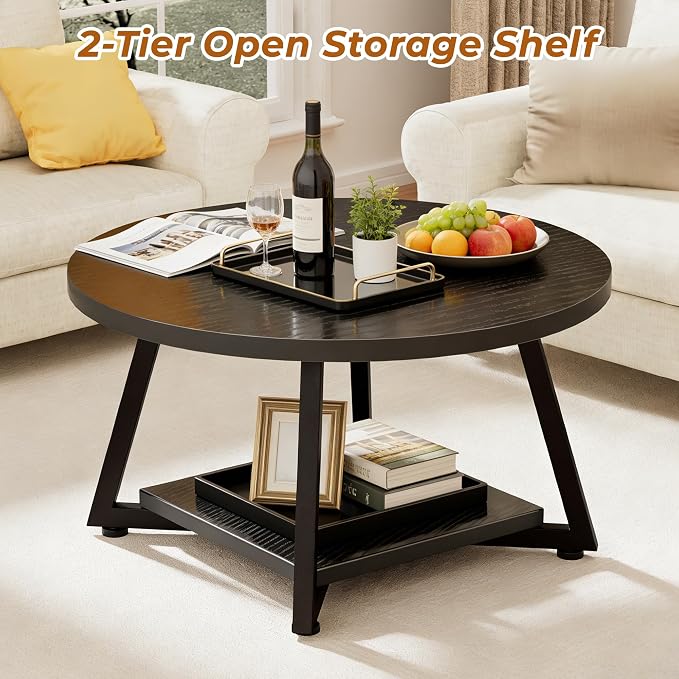 Round Coffee Table for Living Room, 27.6“ Circle Coffee Table, 2-Tier Industrial Coffee Tables with Storage, Wood Coffee Table, Modern Accent Table for Apartment, Office, Small Space, Black