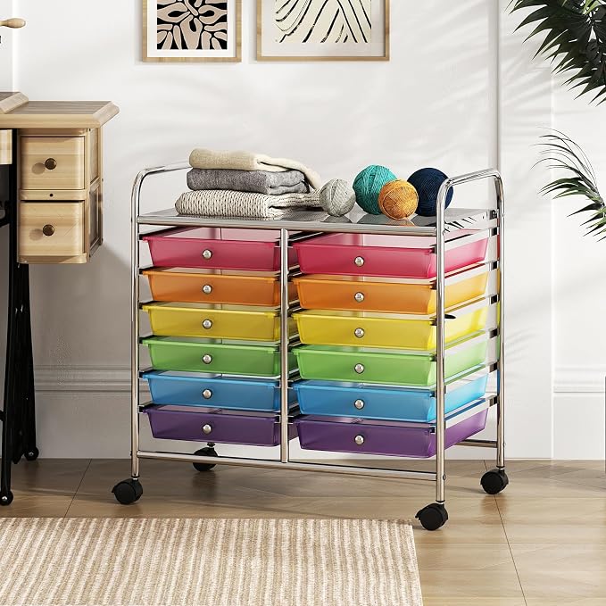 COSTWAY 12-Drawer Rolling Storage Cart, Utility Storage Organizer Cart for Tools, Scrapbook, Paper, Craft, Multipurpose Art Supply Organizer on Wheels for Home Office School, Teacher, Rainbow