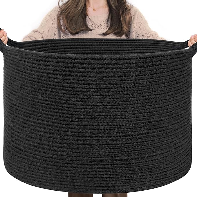 INDRESSME XXXLarge Blanket Basket 21.7" x 21.7" x 13.8" Woven Storage Baskets Soft Cotton Rope Toy Baskets Storage Kids Decorative Laundry for Home, Perfect for Living Room, Black