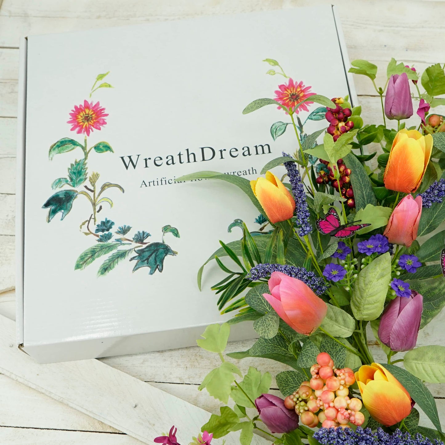 WreathDream 22 inch Spring Summer Wreath Tulip Wreath for Front Door with Purple Tassels, Eucalyptus Leaves, Ferns, Butterflies for Indoor Outdoor wall Festival Home Farmhouse Wedding Decor