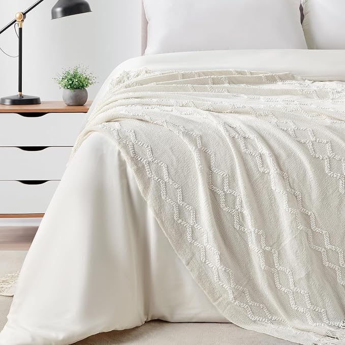 BOURINA Fluffy Chenille Knitted Fringe Throw Blanket Lightweight Soft Cozy for Bed Sofa Chair Throw Blankets, Off White 50" x 60"