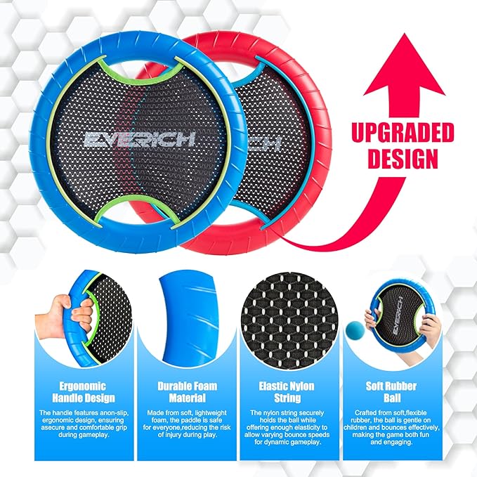 EVERICH TOY Trampoline Paddle Ball Set with 4 Bouncy Paddles & 8 Balls - Soft Foam Design for Kids Play Indoor Outdoor Beach Backyard Lawn - Great Gift Idea for Boys & Girls