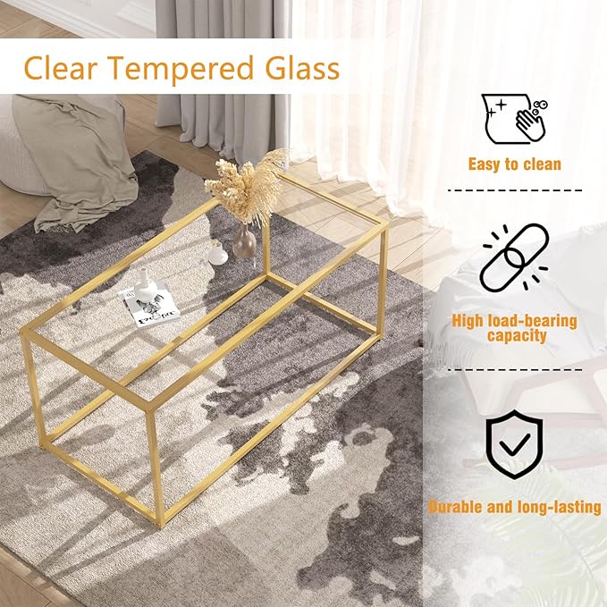 Coffee Table,Tempered Glass Coffee Table,Minimalist Center Table for Living Room,Office,Modern Glass Top Coffee Table with Sturdy Metal Frame & Open Storage, Easy Assembly,Gold