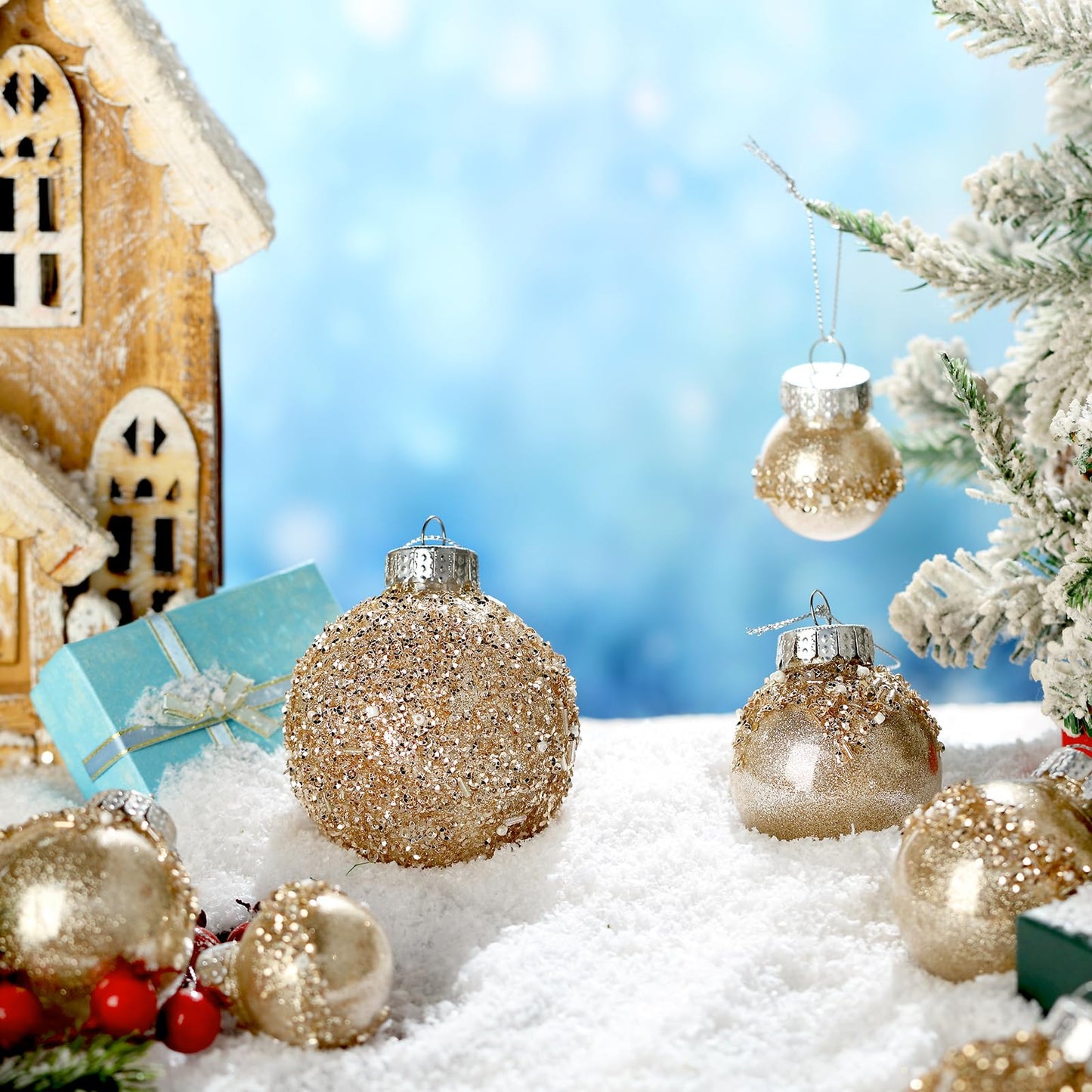 Civaner 24 Pcs Glitter Christmas Ball Ornaments Set 3.2'' 2.4'' 1.6'' Christmas Tree Ornaments Hanging Sequin Shatterproof Balls for Xmas Tree Wreath Garland Xmas Home Decor(Champagne Gold)