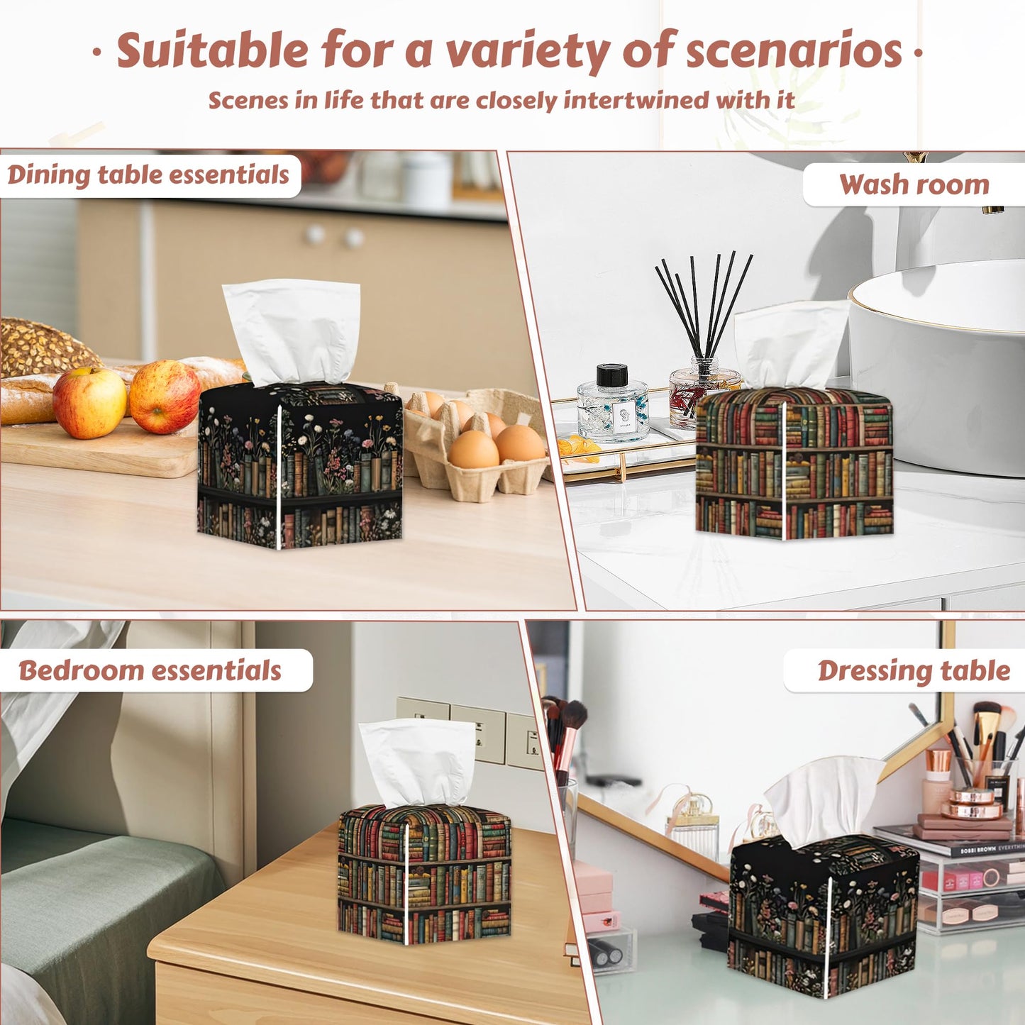 2 Pcs Floral Bookshelf Tissue Box Cover Leather Tissue Box Holder Square Facial Paper Organizer Dispenser for Bedroom Dresser Night Stand Office Desk