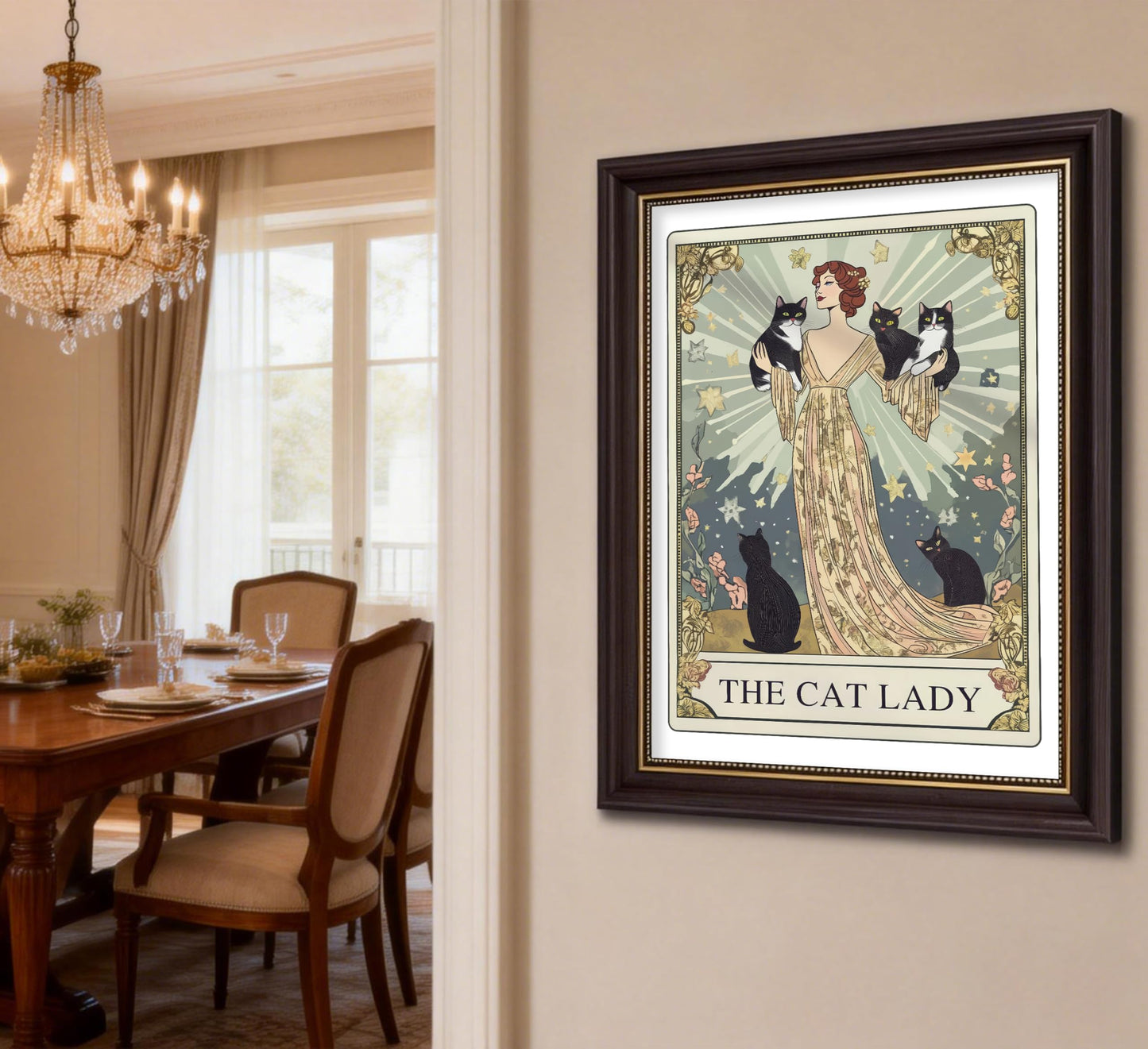 Framed Cat Lady Tarot Wall Art, Cute Animals, Stars & flower Painting Canvas Prints, Whimsical Vintage Black Cats Poster, Mysterious Elegance Artwork for Bedroom Living Room and Cat Lovers 9x11 in