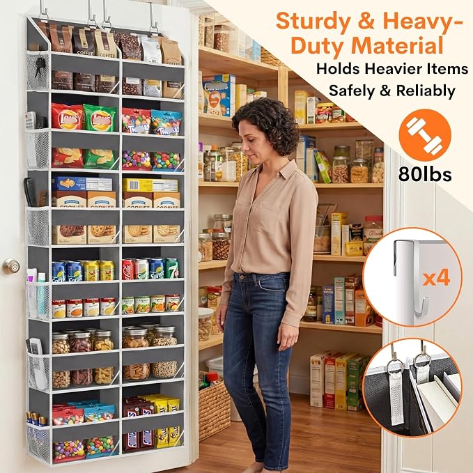 2 Pack Over The Door Organizer 6 Tiers, Extra Large Behind Door Storage of 12 Compartments, 80 lbs Weight Capacity Hanging Storage Organizer with Clear Window Kids Toys,Shoes (6 Tiers - Grey)