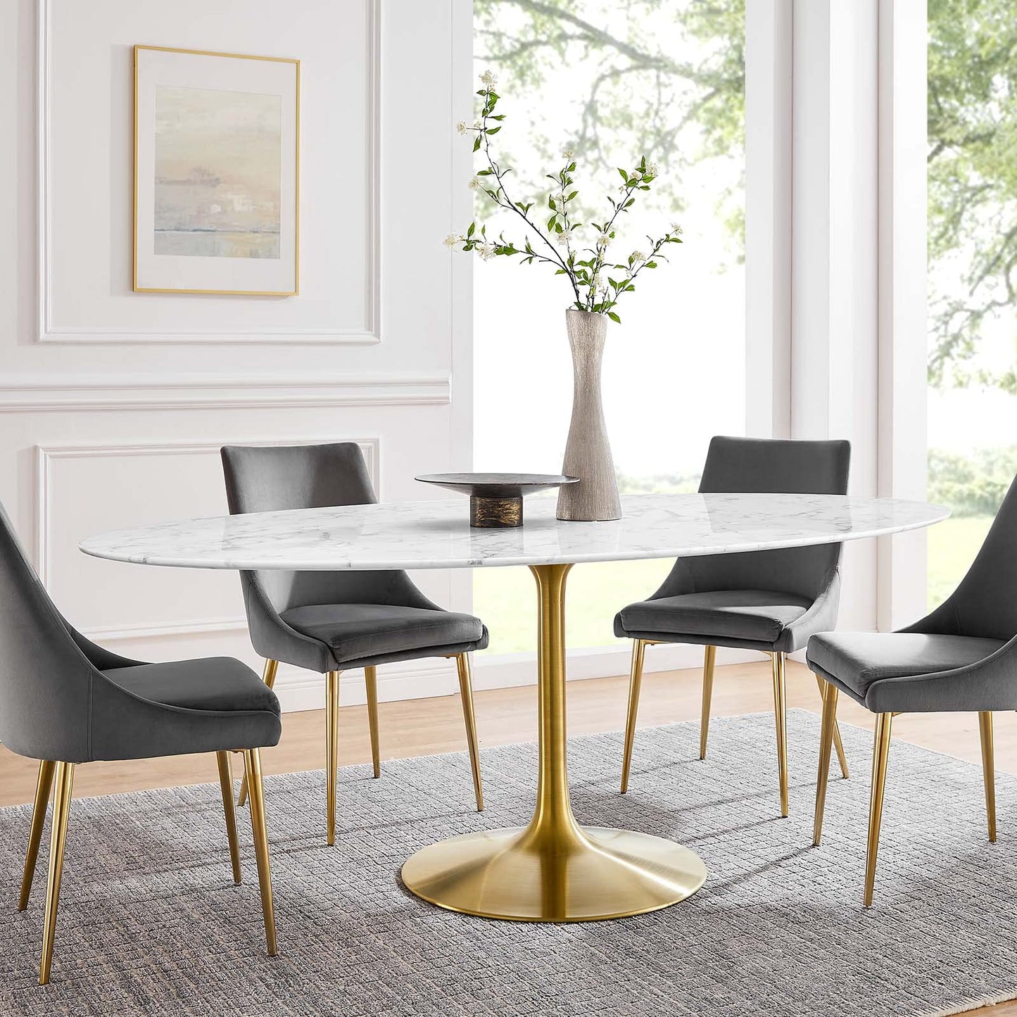 Modway Lippa 78" Oval-Shaped Mid-Century Modern Dining Table with Artificial Marble Top and Gold Base