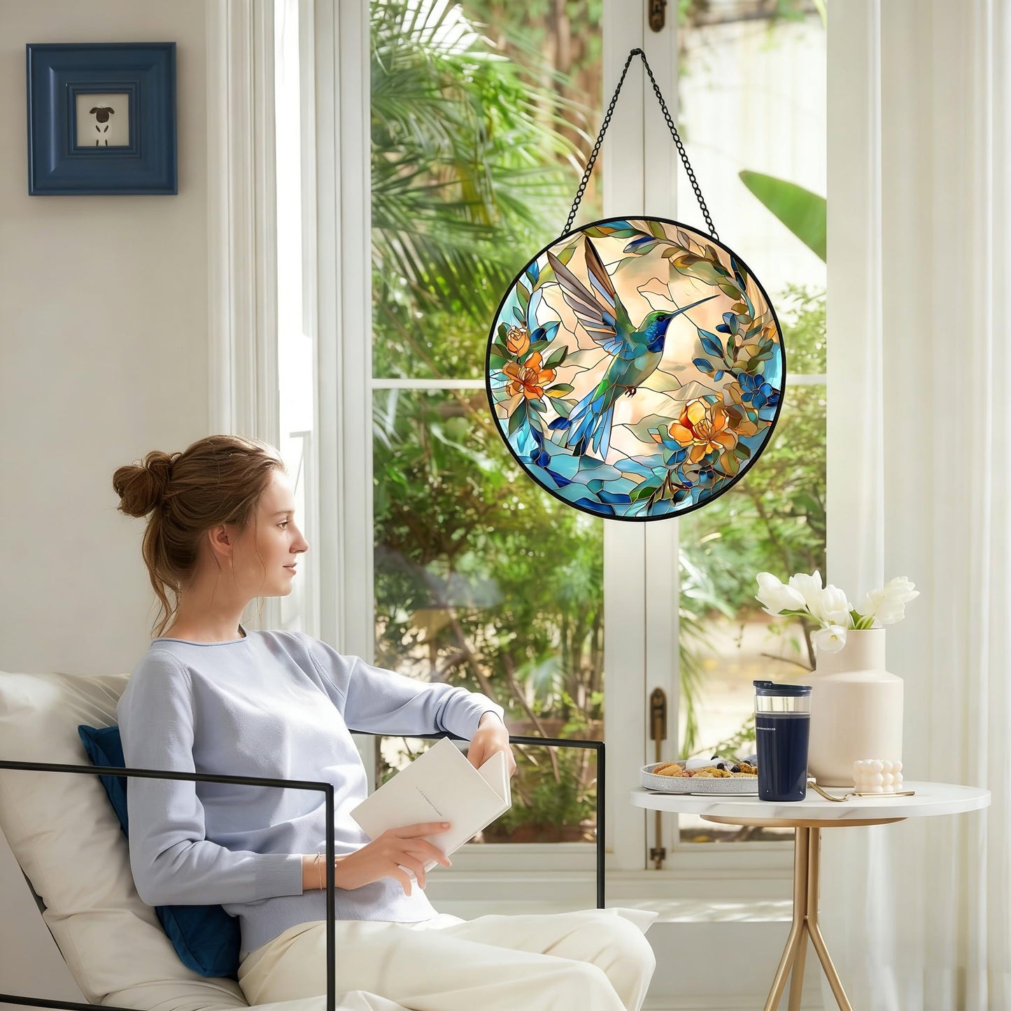 9.8 In Hummingbird Stained Glass Window Hanging, Large Stained Glass Suncatcher for Indoor Home Decor, Vibrant Bird & Flower Window Suncatcher Ornament for Garden, Ideal Gift for Women Mom Bird Lovers