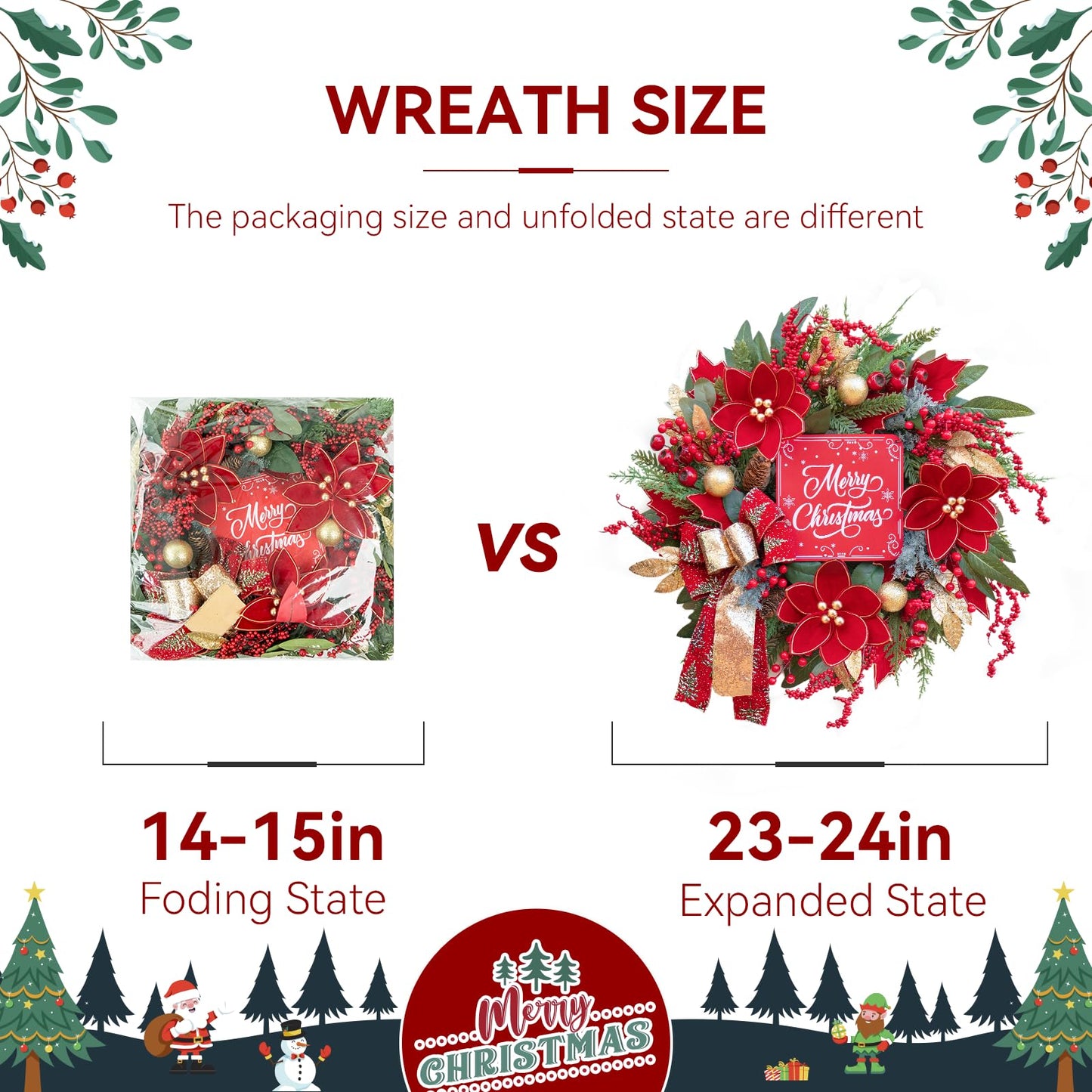 Christmas Wreath with Lights, 24 Inch Lighted Christmas Wreath for Front Door, Winter Wreath with LED Lights, red Berries, Pinecones, Gold Ball, Red Bow, Merry Christmas Sign for Indoor or Outdoor