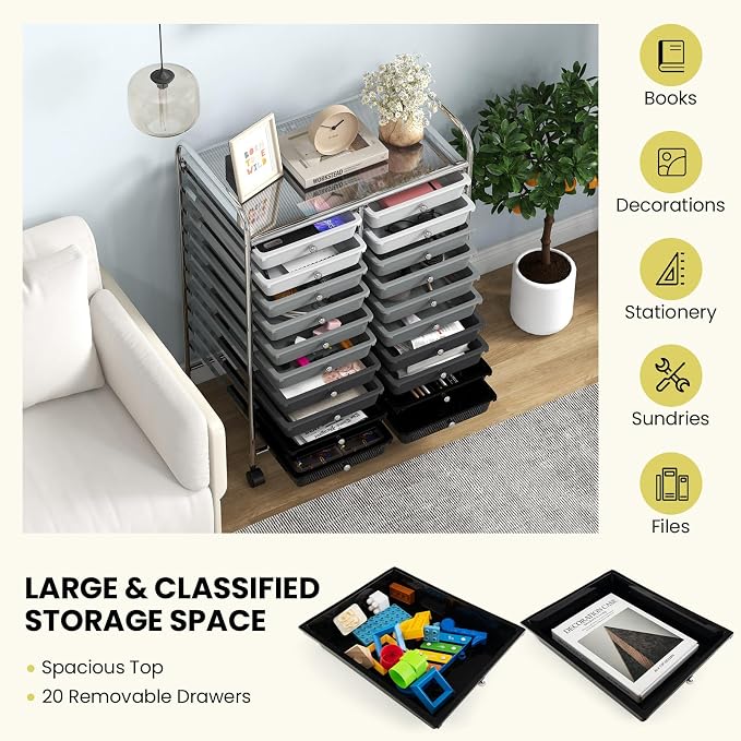 COSTWAY 20-Drawer Rolling Storage Cart, Utility Storage Organizer Cart for Tools, Scrapbook, Paper, Craft, Multipurpose Storage Trolley on Wheels for Home Office School, Mixed Black