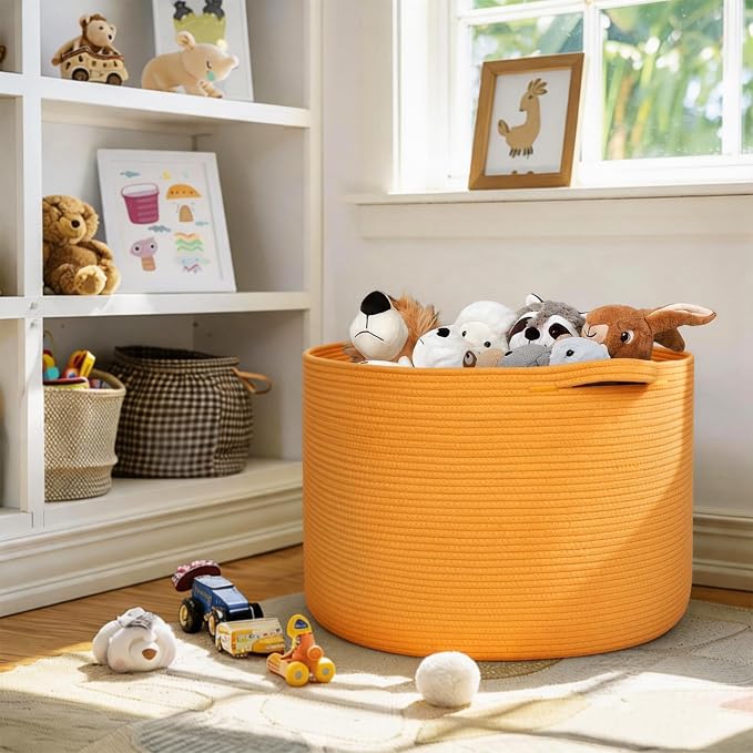 MEGASKET Extra Large 115L Orange Basket, 23.6"x15.7" Woven Cotton Rope Bins for Blankets, XXXL Baby Nursery Laundry Towel Basket, Oversized Kids Dog Toy Storage Box, Orange Living Room Decor Organizer
