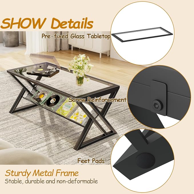 Wolawu Glass Coffee Table Living Room Table with Storage Shelf, Black Glass Table Simple Modern Rectangular Tables with Sturdy Black Metal Frame,Industrial Glass Coffee Table for Bedroom Home Office