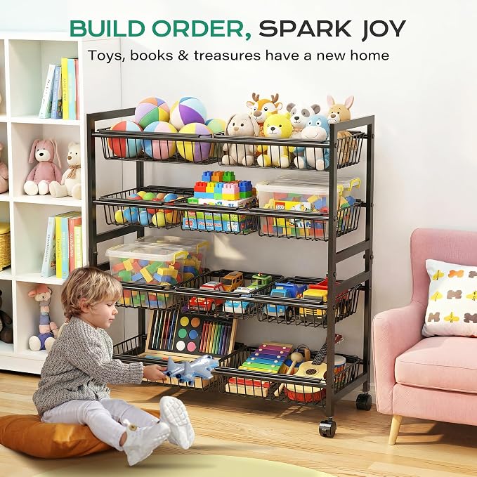 Cinati 4-Tier Snack Cart with Wheels, 29''W Toy Storage Organizer, Rolling Pantry Storage Cart with 10 Wire Baskets & Handle,Adjustable Metal Snack Rack, Kitchen Organizer for Fruit, Vegetables(Black)