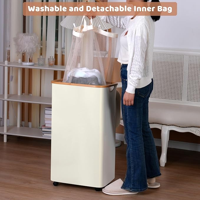 Laundry Hamper with Wheels,110L Laundry Basket with lid Rolling Clothes Basket Foldable Dirty Clothes Hamper on wheels with Bamboo Frame and Bag for Bedroom, Dorm, Laundry Room,Beige(29 Gal)