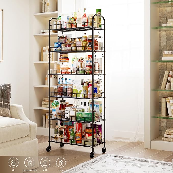 6-Tier Slim Storage Cart, Rolling Kitchen Cart with Wheels, Narrow Metal Shelf Organizer with Hooks for Kitchen, Bathroom, Living Room, Laundry, Small Spaces (Black, 10 in)