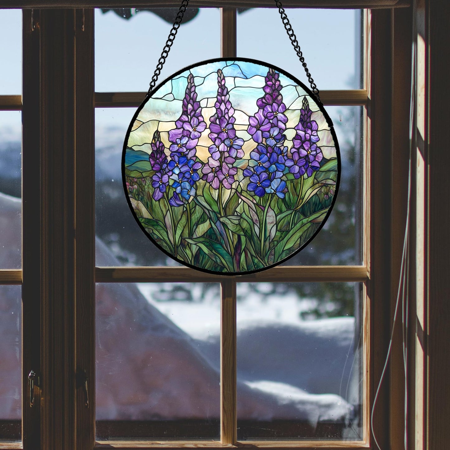 CRISGIF Stained Glass Window Hanging - Purple Delphinium Birth Flower Suncatcher for Door Garden Patio Sun Catchers Decor Christmas Mother's Day Birthday Gifts for Women Mom Nana Friend 11.8 in
