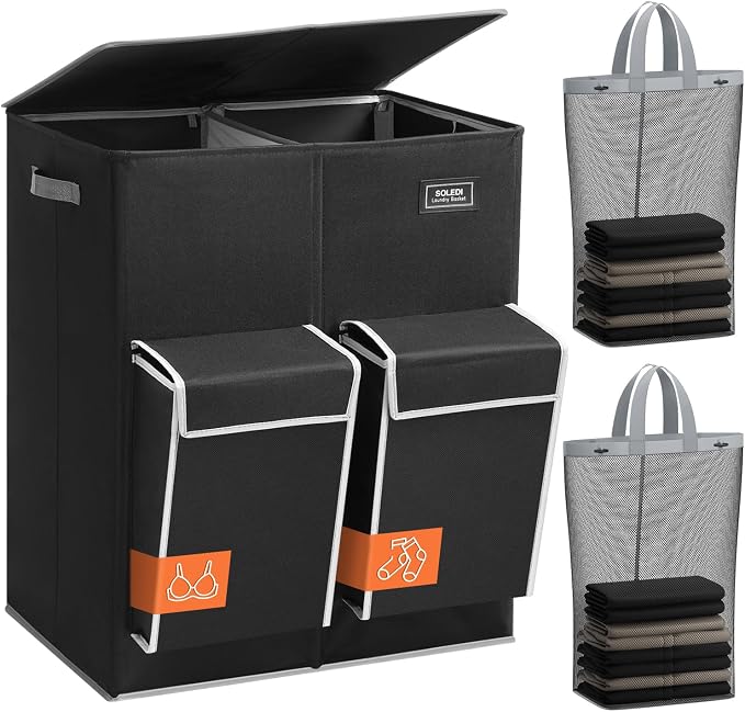 SOLEDI Double Laundry Hamper with Lid, 47.8 Gal (180L) Large Laundr Basket 2 Section with 2 Side Pockets, Dirty Clothes Hamper with Removable Bag, Easy to Carry for Laundry Room, Bedroom, Black